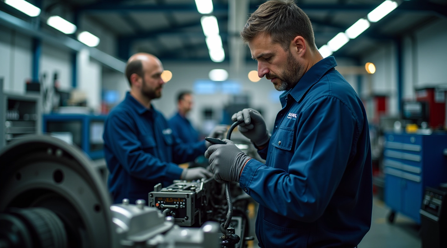 Professional clutch and gearbox repair workshop with diagnostic equipment and skilled technician