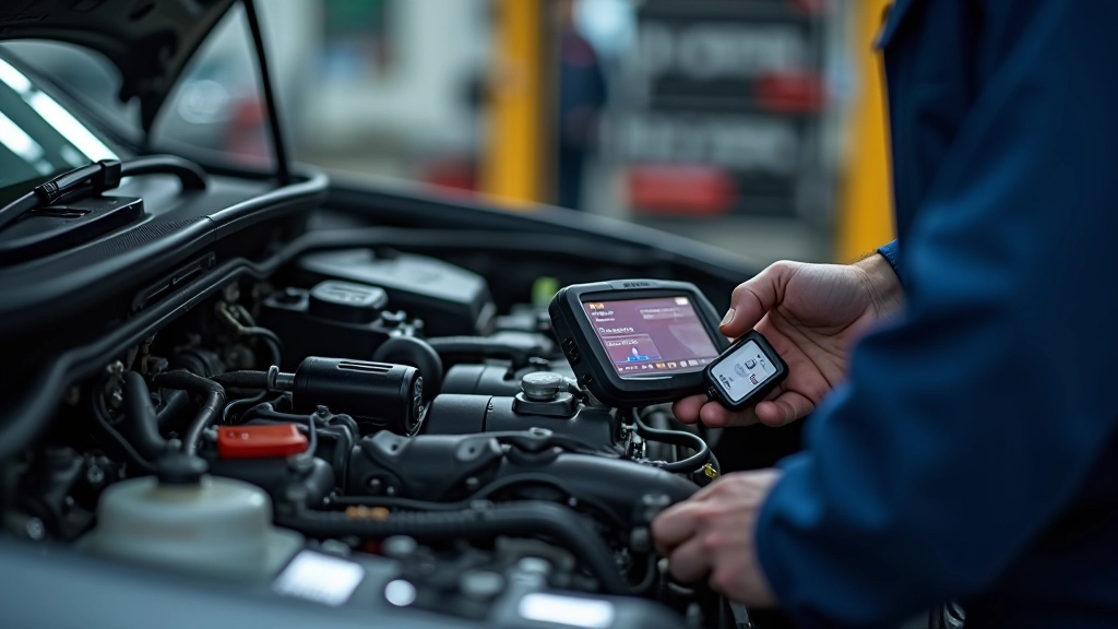 Gearbox diagnostic scanner connected to transmission control module in vehicle engine bay