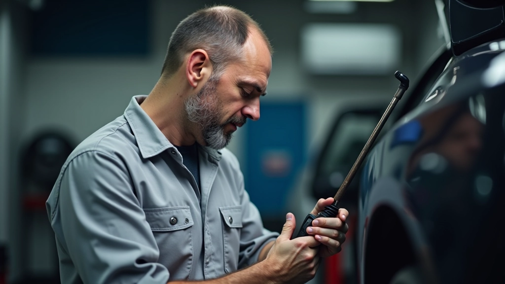 Mechanic pointing to transmission fluid dipstick showing low fluid level marking during inspection