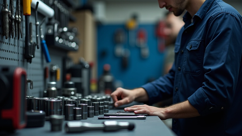 Organized mechanic workbench with socket sets, wrenches, and diagnostic tools arranged for systematic transmission work
