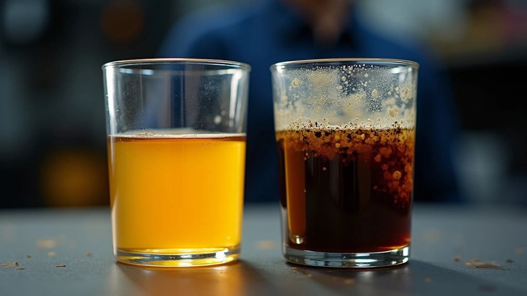 Transmission fluid sample showing dark discoloration and metallic particles under comparison with clean fluid